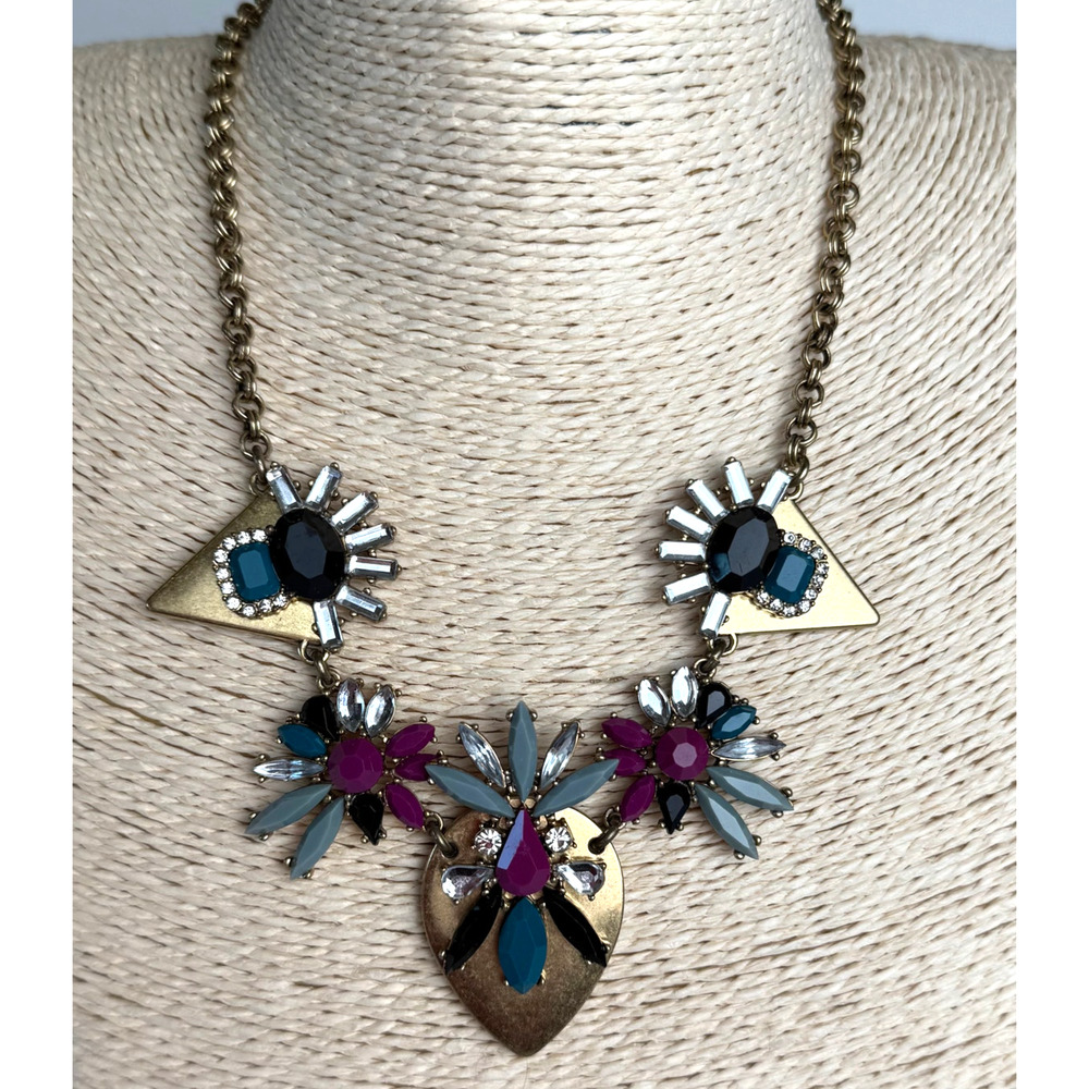J.Crew Statement Necklace Crystal Flower Gold Triangle Magenta Teal Black